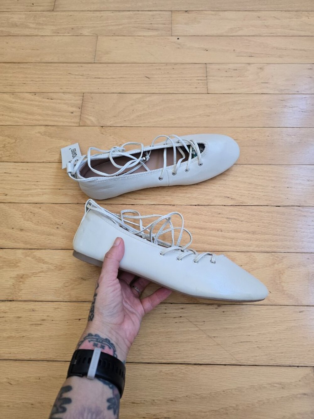 WhimsyGoth Cream Monochrome Lace Up Ankle Ballet Flats | WMS 6